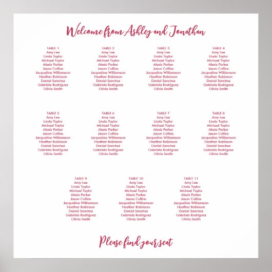 Einfache 11 Tabelle Magenta Rote Sitzkarte Poster (Vorne)