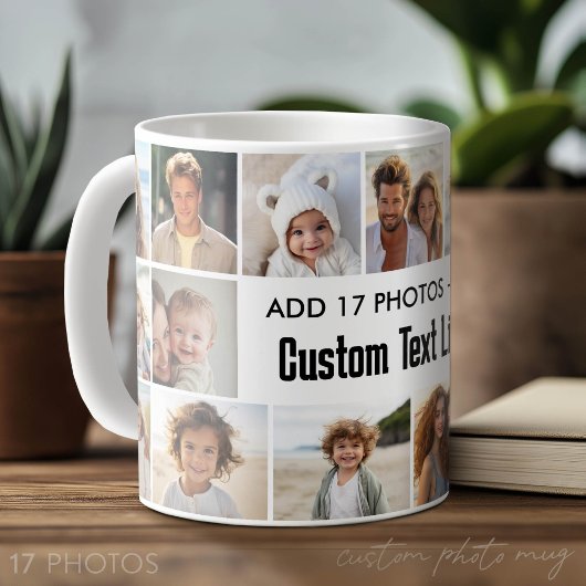 Einfache 17-Foto-Collage mit Textbereich Kaffeetasse