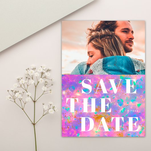 Einfache 1 Foto Dicke Opal Stone und White Wedding Save The Date