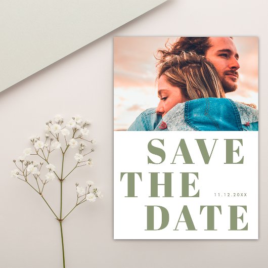 Einfache 1 Foto Minimalistisch Sage Grüne Hochzeit Save The Date