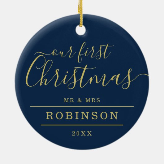 Einfache 1. XMAS Hochzeit Foto Gold Frame Navy Keramik Ornament (Hinten)