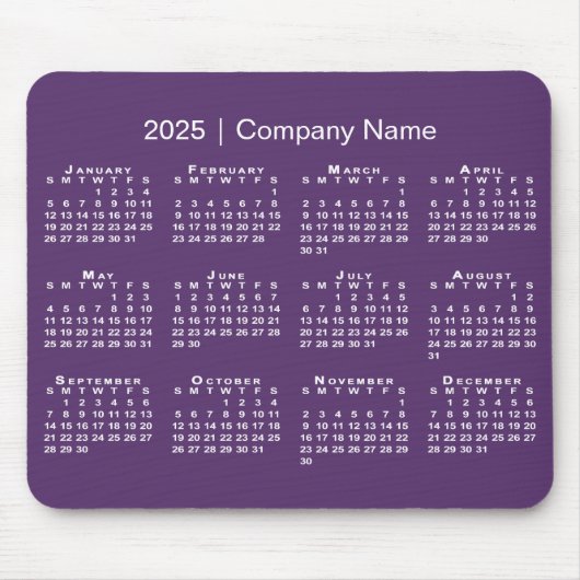 Einfache 2025 Kalender Firmenname auf Lila Mousepad (Vorne)