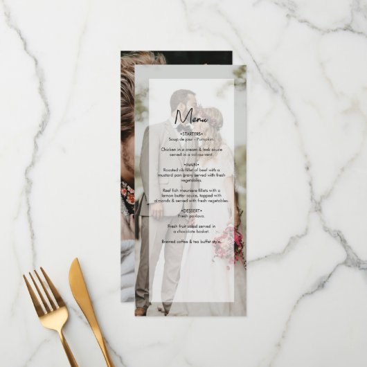 Einfache 2-Foto-Overlay-Skript-Hochzeit Menükarte (Vorderseite/Rückseite Beispiel)
