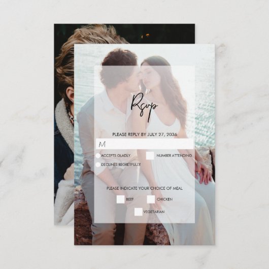 Einfache 2-Foto-Overlay-Skript-Hochzeit RSVP Karte (Vorne/Hinten)
