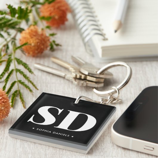Einfache 2 Monogramm erste Retro-Schwarz-weiß Schlüsselanhänger (Vorderseite rechts)