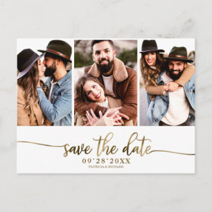 Einfache 3-Foto-Collage Hochzeit Save The Date Postkarte