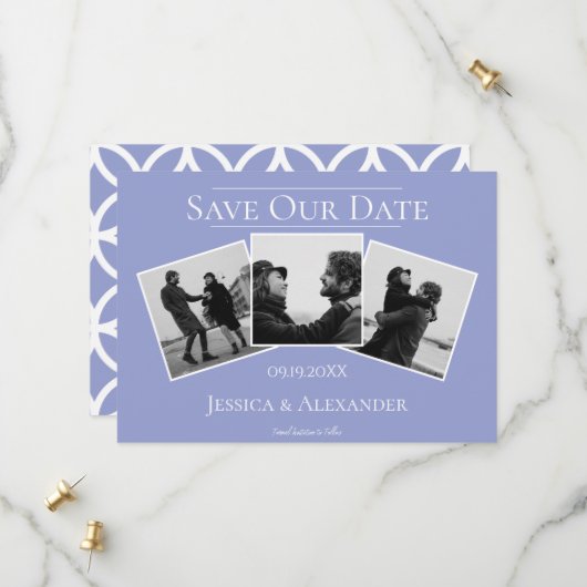 Einfache 3-Foto-Collage | Periwinkle Save The Date (Vorderseite/Rückseite Beispiel)