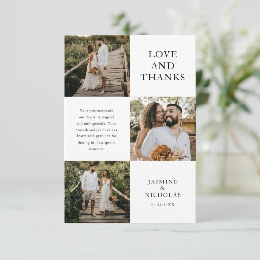 Einfache 3-Foto Hochzeit Dankeskarte (Stehend Vorderseite)