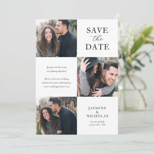 Einfache 3-Foto Hochzeit Save The Date (Stehend Vorderseite)
