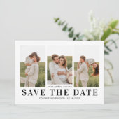 Einfache 3-Foto Hochzeit Sichern des Datums Save The Date (Stehend Vorderseite)