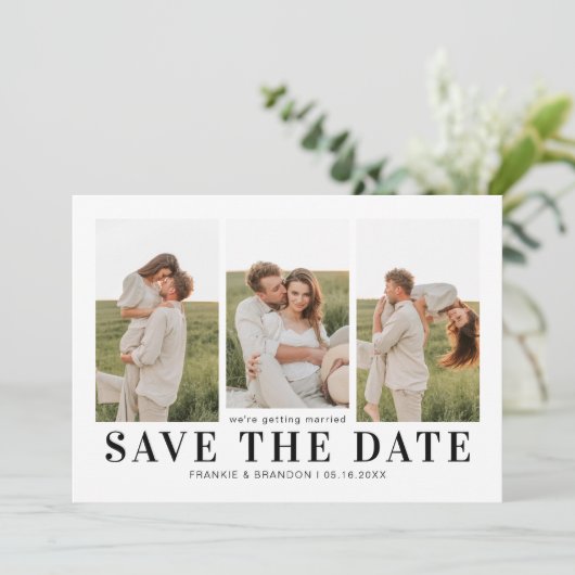 Einfache 3-Foto Hochzeit Sichern des Datums Save The Date (Stehend Vorderseite)