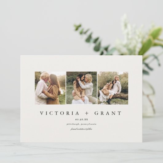 Einfache 3 Foto Save the Date Fotokarte (Stehend Vorderseite)