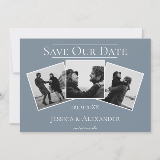 Einfache 3-FotoCollage | Dusty Blue Save the Date (Vorderseite)