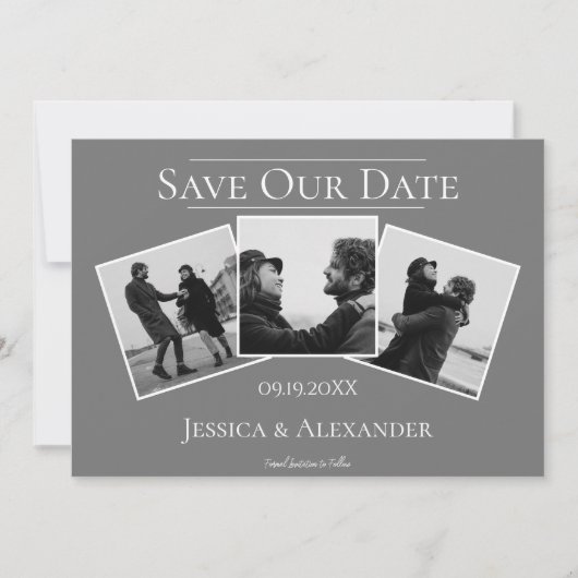 Einfache 3-FotoCollage | Graue Save the Date (Vorderseite)