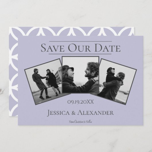 Einfache 3-FotoCollage | Lavendel Save the Date (Vorne/Hinten)