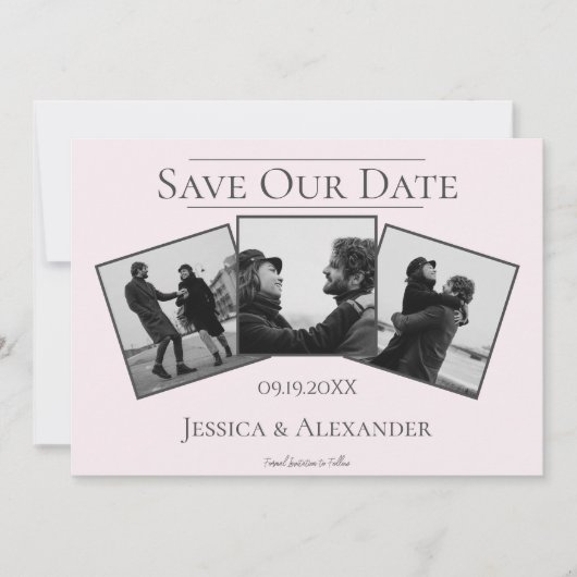 Einfache 3-FotoCollage | Save the Date rosa (Vorderseite)