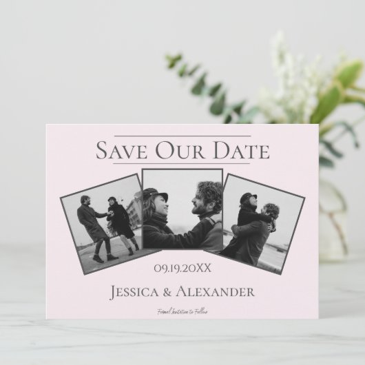 Einfache 3-FotoCollage | Save the Date rosa (Stehend Vorderseite)