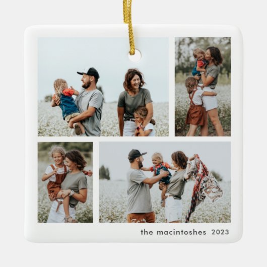 Einfache 4 Foto Collage Script Frohe Weihnachten Keramikornament (Vorderseite)
