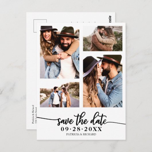Einfache 4 FotoCollage Wedding speichert das Datum Postkarte (Vorne/Hinten)