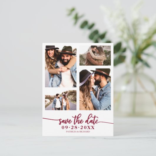 Einfache 4 FotoCollage Wedding speichert das Datum Postkarte (Stehend Vorderseite)