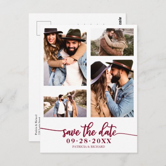 Einfache 4 FotoCollage Wedding speichert das Datum Postkarte (Vorne/Hinten)