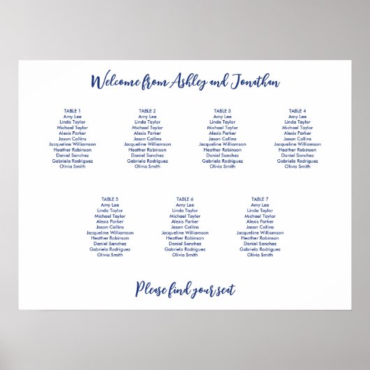 Einfache 7 Tabelle Dunkelblaue Sitzkarte Poster (Vorne)