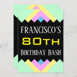 Einfache "80th Birthday Bash" Einladung zum Geburt<br><div class="desc">Dieses schlichte Geburtstagsgeschenk-Einladungs-Design enthält eine Nachricht wie "FRANCISCO'S 80 th Birthday Bash", in der Name und Geburtstagsnummer individuell angepasst werden können. Es bietet auch einen lustigen, farbenfrohen, geometrisch inspiriert Hintergrund. Die Veranstaltungsdetails auf der Rückseite können individuell angepasst werden. Es könnte genutzt werden, um Leute zu einer Geburtstagsparty einzuladen, die für...</div>