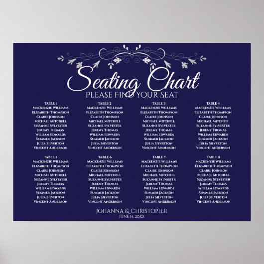 Einfache 8-Tisch-Navy Blue Hochzeitskarte Poster (Vorne)