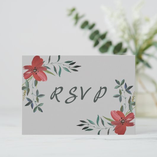 Einfache, aber elegante Hochzeit mit rotem Mohnblu RSVP Karte (Stehend Vorderseite)