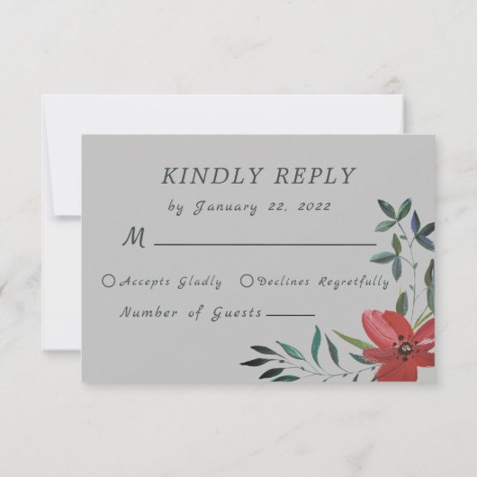 Einfache, aber elegante Hochzeit mit rotem Mohnblu RSVP Karte (Rückseite)