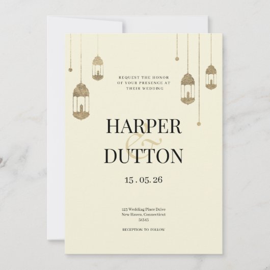 Einfache Ampere und Elfenbeingoldlampen Hochzeit Einladung (Vorderseite)