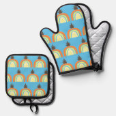 Einfache Ananas Rainbow Fruit Pattern Blau Ofenhandschuh & Topflappen-Set (Vorderseite/Rückseite)