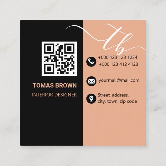 Einfache Anfangsbuchstaben | Pfirsich und schwarz Quadratische Visitenkarte (Rückseite)