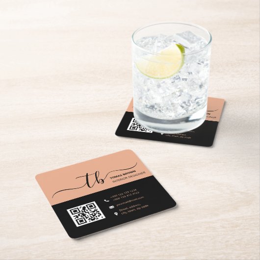 Einfache Anfangsbuchstaben | Pfirsich und schwarz Rechteckiger Pappuntersetzer (Vor Ort)