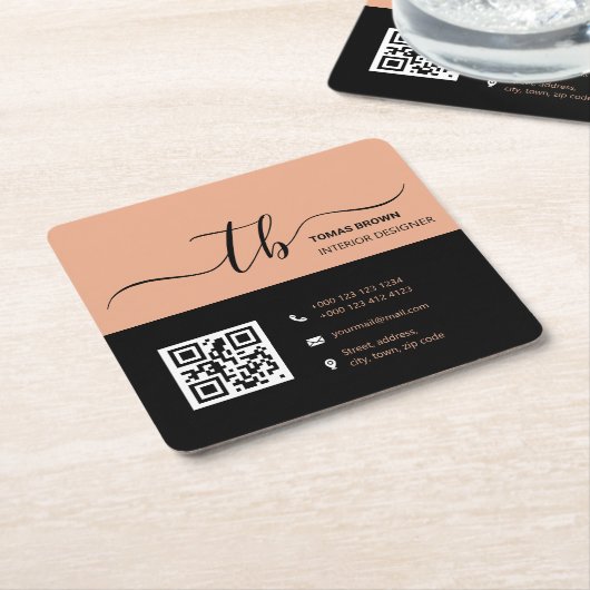 Einfache Anfangsbuchstaben | Pfirsich und schwarz Rechteckiger Pappuntersetzer (angewinkelt)