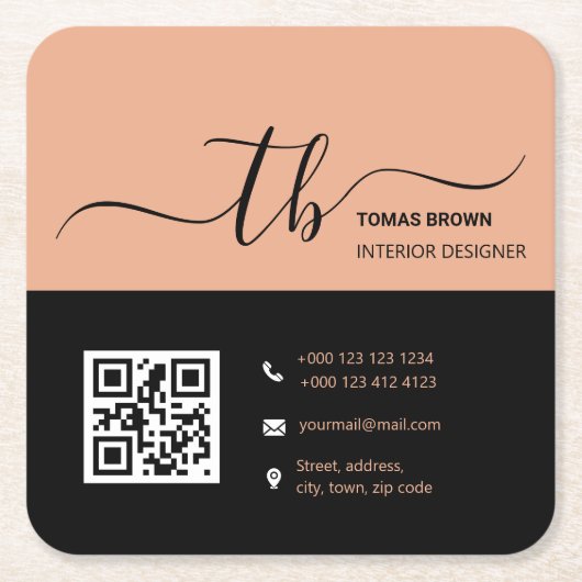 Einfache Anfangsbuchstaben | Pfirsich und schwarz Rechteckiger Pappuntersetzer (Vorderseite)