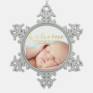 Einfache Ankündigung des modernen Baby Birth Foto Schneeflocken Zinn-Ornament