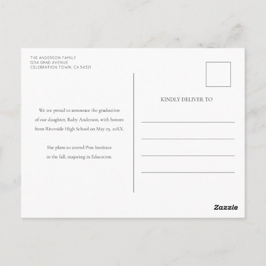 Einfache Ankündigung mit 3 Fotos Weißer Abschluss Postkarte (Rückseite)