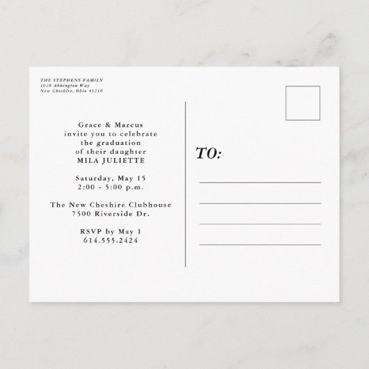 Einfache Ankündigung von Abschlüssen auf Postkarte (Rückseite)