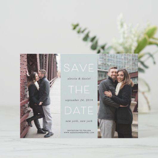 Einfache Anweisung | Zwei-Foto-Hochzeit Save The Date (Stehend Vorderseite)