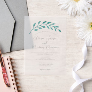 Einfache Aquamarine Botanische Hochzeit an der Wei Pergament Einladungen