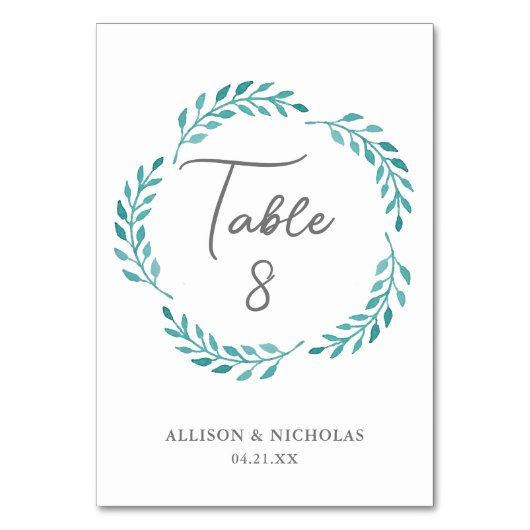 Einfache Aquamarine Hochzeit im Botanischen Garten Tischnummer (Rückseite)