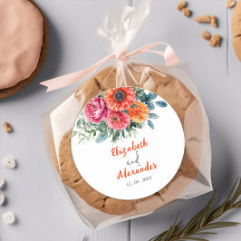 Einfache Aquarellblume | Orange und Rosa | Hochzei Runder Aufkleber