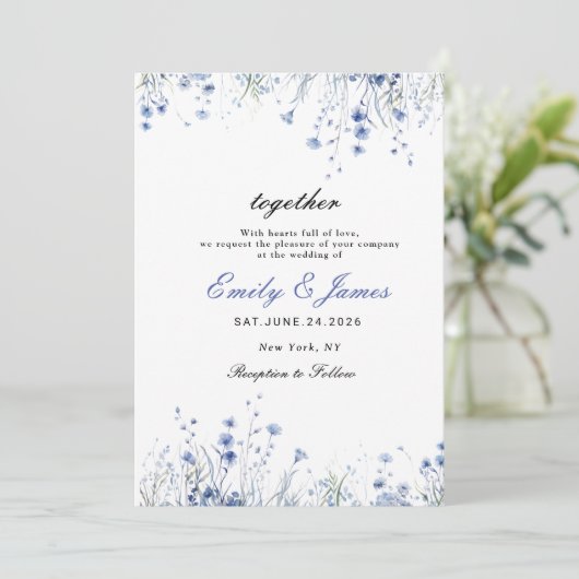 Einfache Aquarellfarben Blütenduft Blauer Hochzeit Save The Date (Stehend Vorderseite)