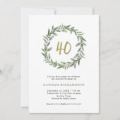 Einfache Aquarellgrüne und Gold 40. Geburtstag Einladung (Vorderseite)