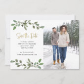 Einfache Aquarellgrüne und Gold-Foto Save The Date (Vorderseite)