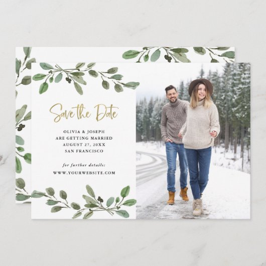 Einfache Aquarellgrüne und Gold-Foto Save The Date (Vorne/Hinten)