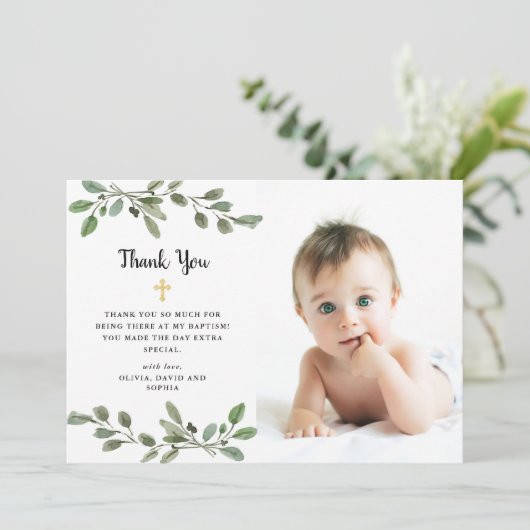 Einfache Aquarellgrüne und Goldtaufe des Fotos Dankeskarte (Stehend Vorderseite)