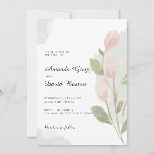 Einfache Aquarelltulip & Blätter Hochzeit Einladung (Vorderseite)