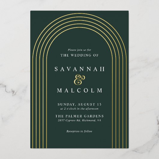 Einfache Arche | Dunkelgrüne und goldene Hochzeit Folieneinladung (Vorderseite)
